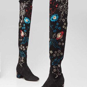 Valentino Black Suede Astro Couture Printed Over The Knee Boots Size 4.5/35